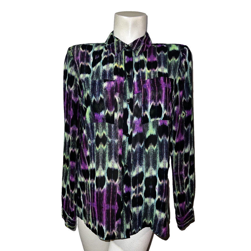 Nanette Lepore L'AMOUR Top Sz L Black Purple Green Button LS Keyhole Back Blouse